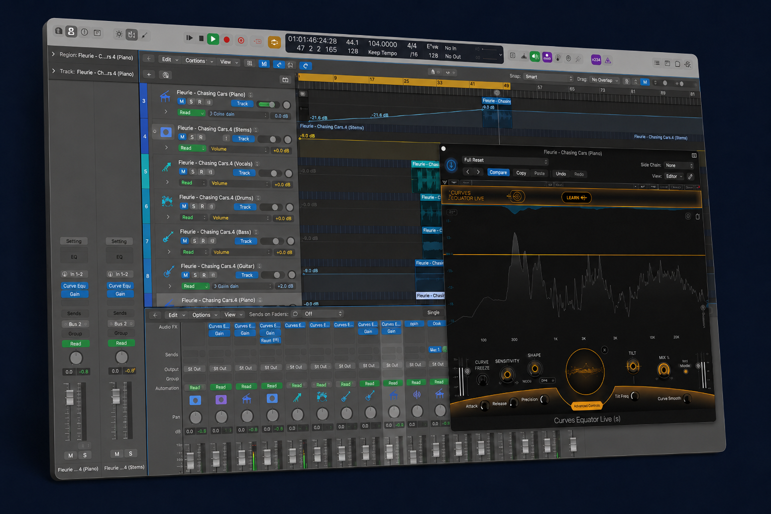Logic Pro session showing multi-stem editing and EQ work